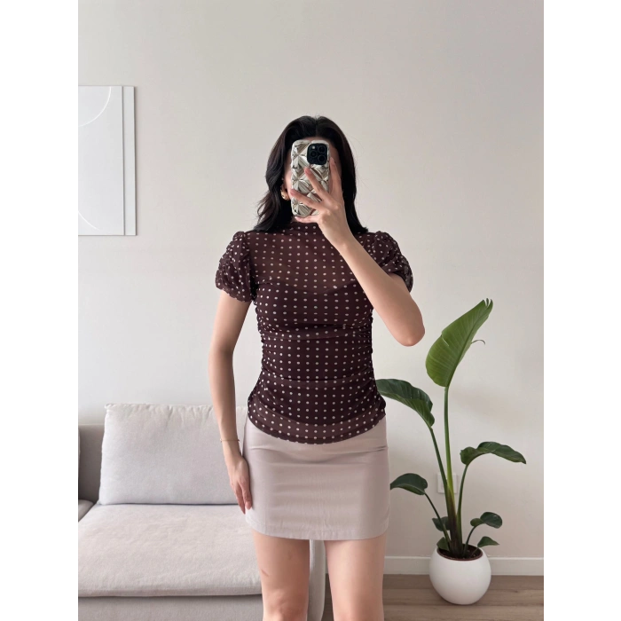 Puantiyeli Karpuz Kol Bluz - KAHVE