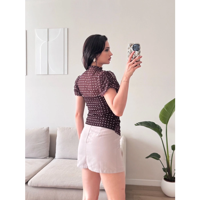 Puantiyeli Karpuz Kol Bluz - KAHVE