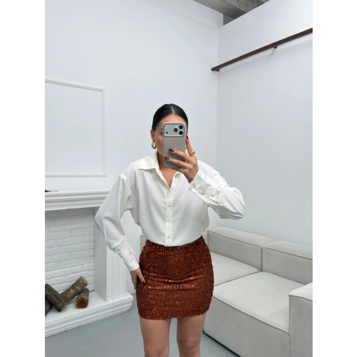 Pul Payet Etekli Gömlek Elbise - BEYAZ