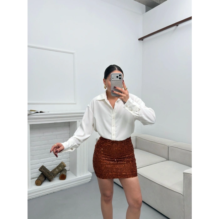 Pul Payet Etekli Gömlek Elbise - BEYAZ