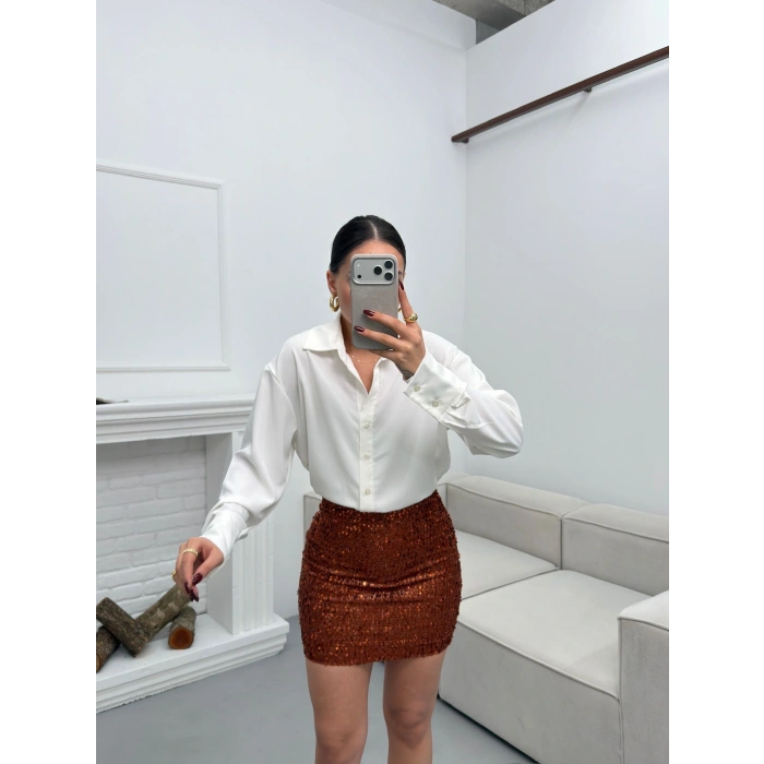 Pul Payet Etekli Gömlek Elbise - BEYAZ