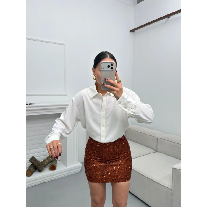 Pul Payet Etekli Gömlek Elbise - BEYAZ