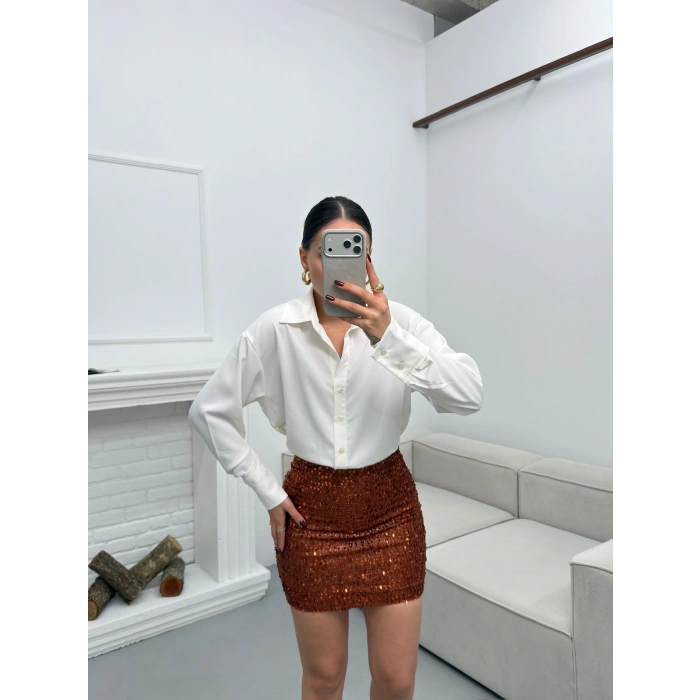 Pul Payet Etekli Gömlek Elbise - BEYAZ