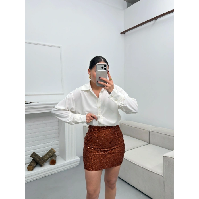 Pul Payet Etekli Gömlek Elbise - BEYAZ