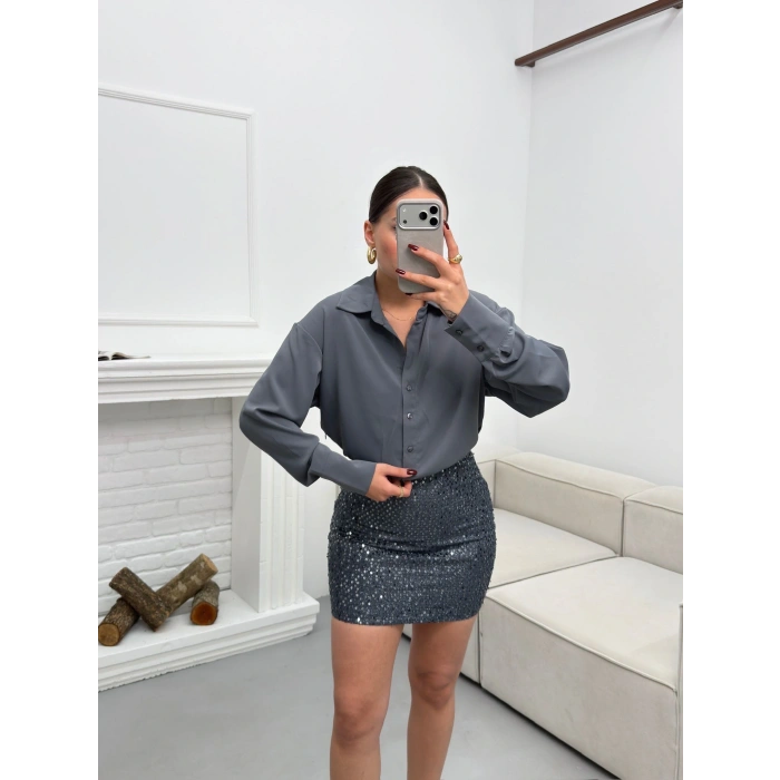 Pul Payet Etekli Gömlek Elbise - GRİ