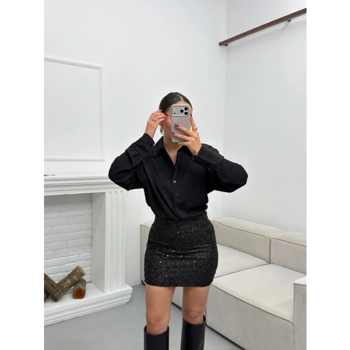 Pul Payet Etekli Gömlek Elbise - SİYAH