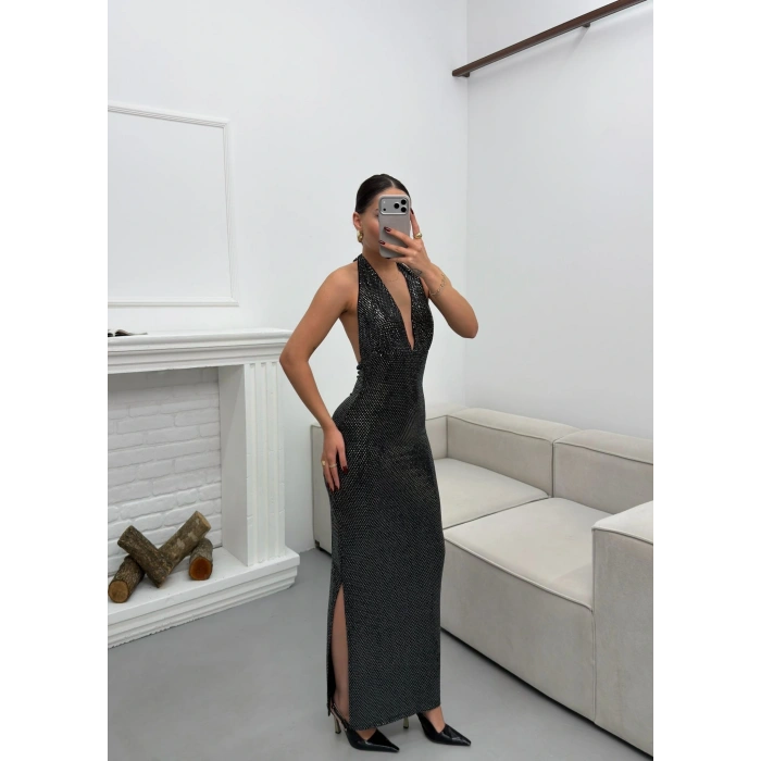 Pul Payetli Boyun Bağlamalı Elbise - GÜMÜŞ