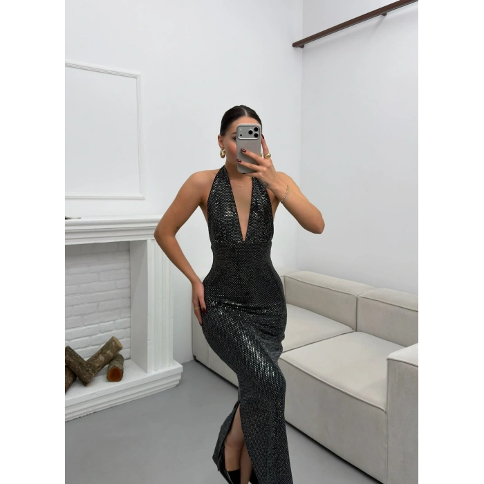 Pul Payetli Boyun Bağlamalı Elbise - GÜMÜŞ