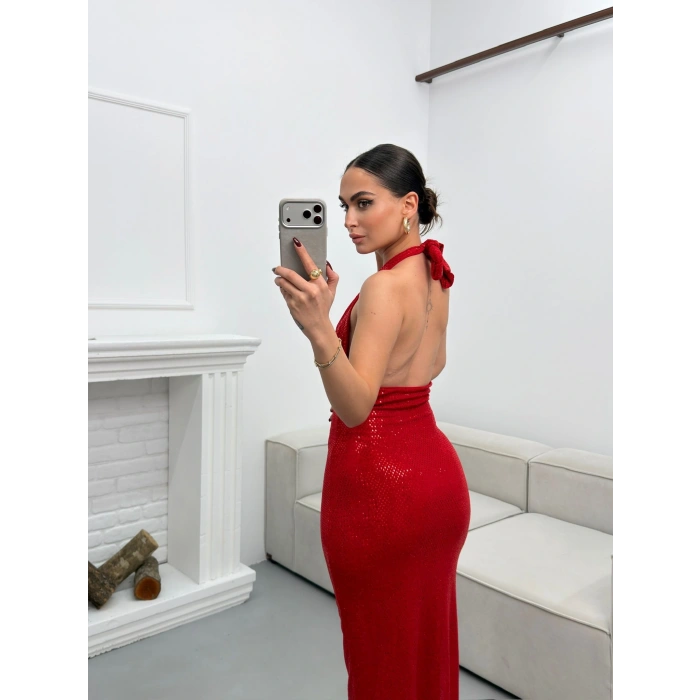 Pul Payetli Boyun Bağlamalı Elbise - KIRMIZI