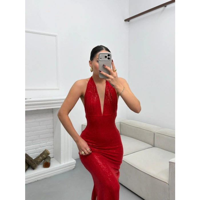 Pul Payetli Boyun Bağlamalı Elbise - KIRMIZI