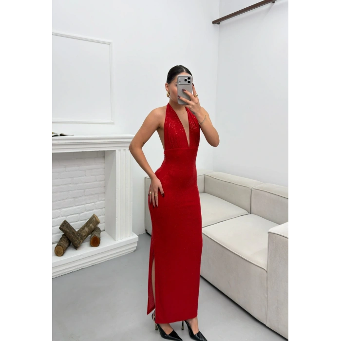 Pul Payetli Boyun Bağlamalı Elbise - KIRMIZI