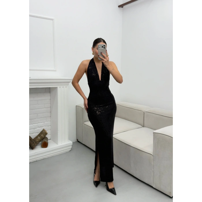 Pul Payetli Boyun Bağlamalı Elbise - SİYAH