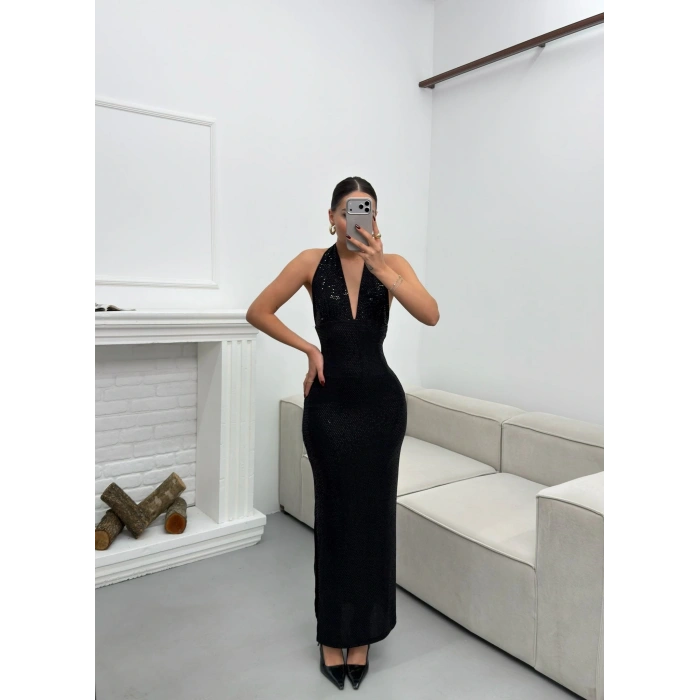 Pul Payetli Boyun Bağlamalı Elbise - SİYAH