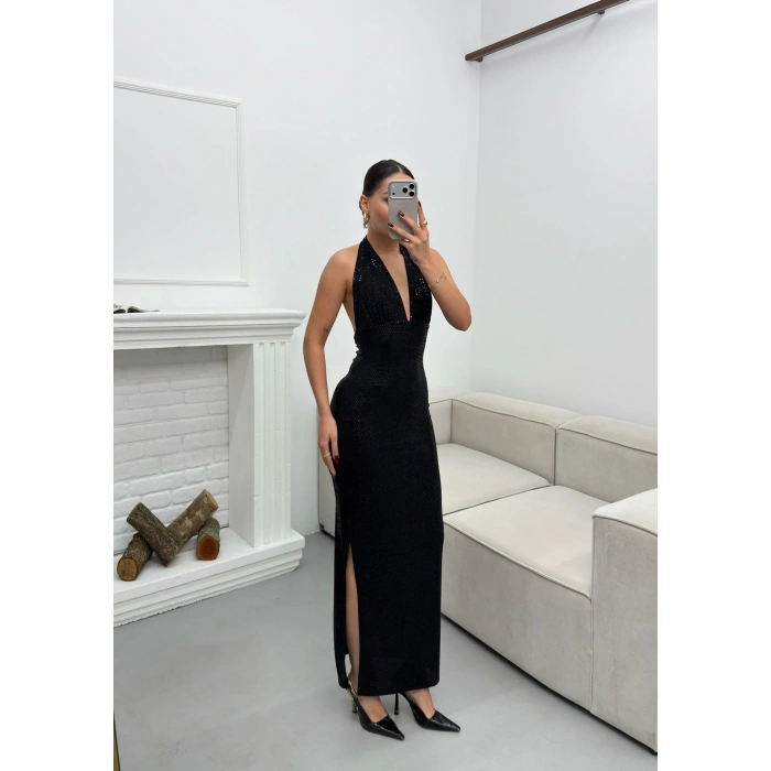 Pul Payetli Boyun Bağlamalı Elbise - SİYAH