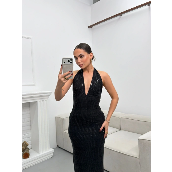 Pul Payetli Boyun Bağlamalı Elbise - SİYAH