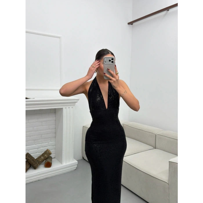 Pul Payetli Boyun Bağlamalı Elbise - SİYAH