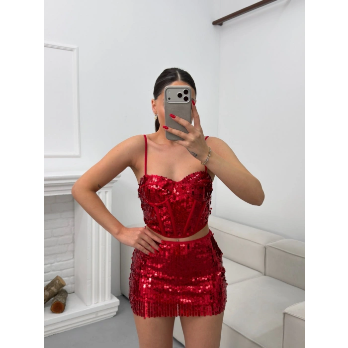 Pul Payetli İkili Takım - KIRMIZI