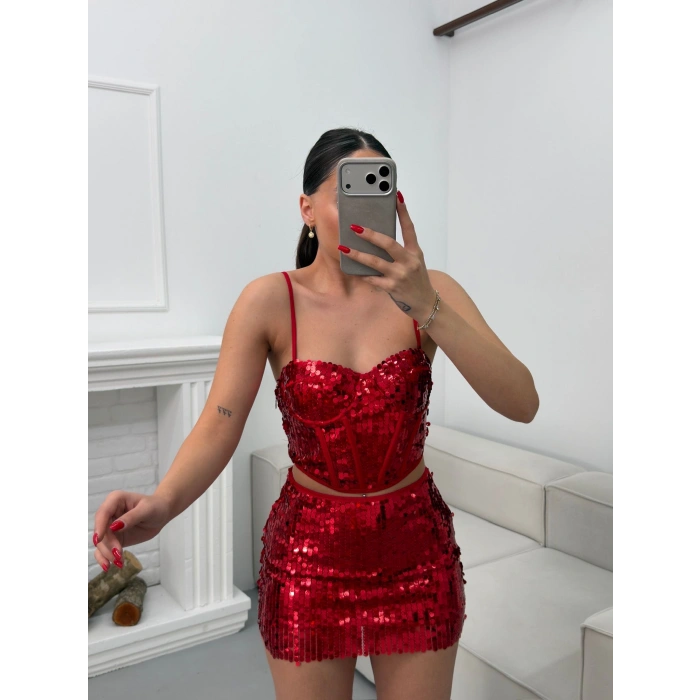 Pul Payetli İkili Takım - KIRMIZI