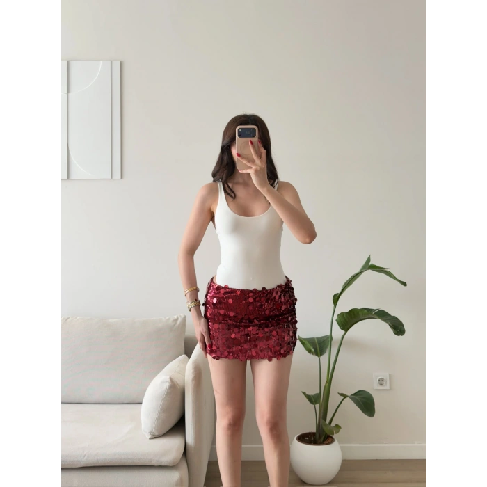 Pul Payetli Mini Etek - BORDO