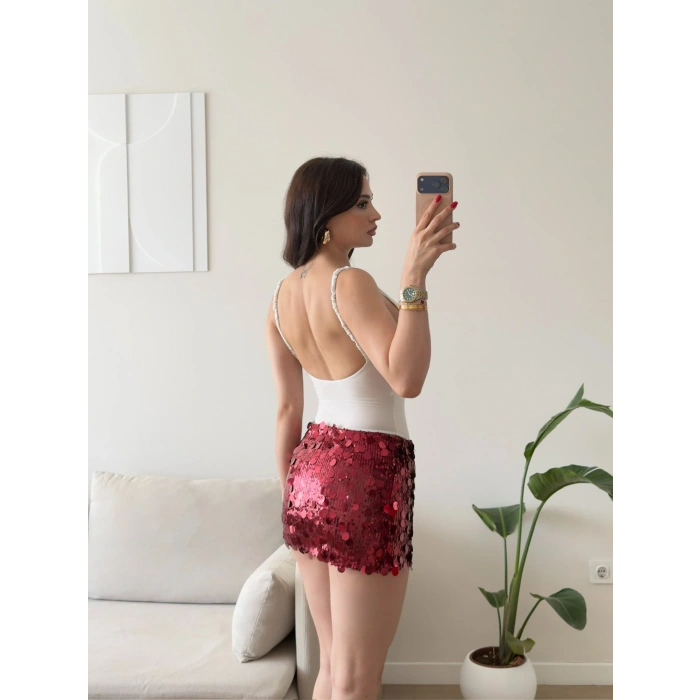 Pul Payetli Mini Etek - BORDO