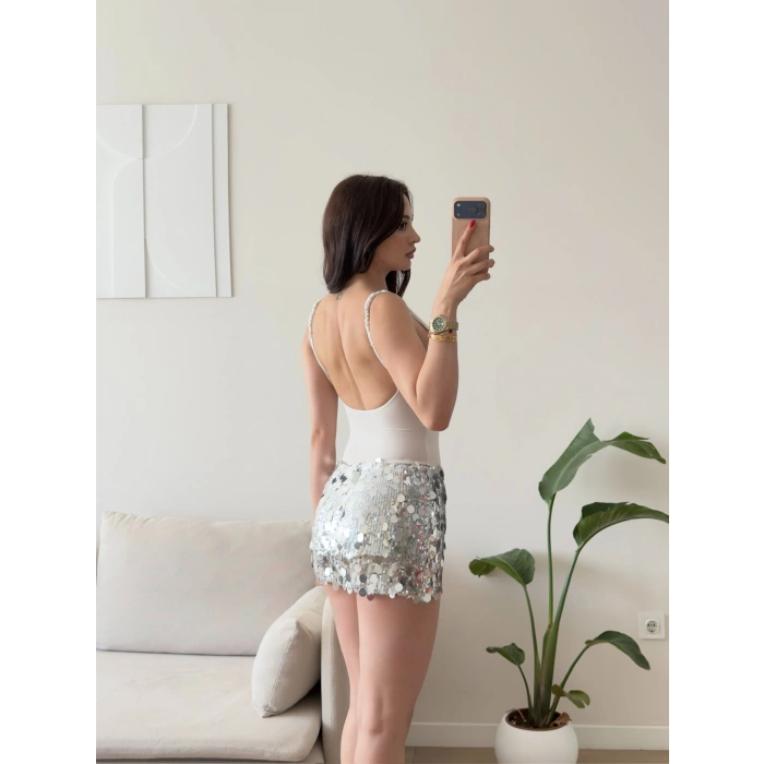 Pul Payetli Mini Etek - GRİ