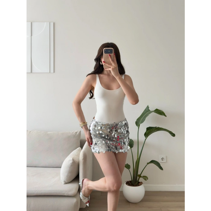 Pul Payetli Mini Etek - GRİ