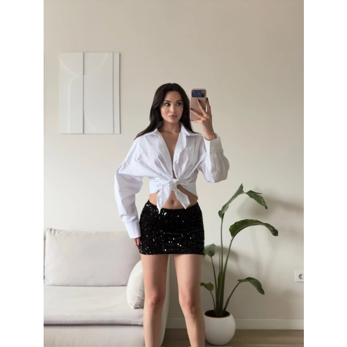 Pul Payetli Mini Etek - SİYAH