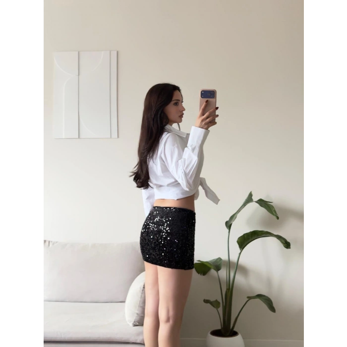 Pul Payetli Mini Etek - SİYAH