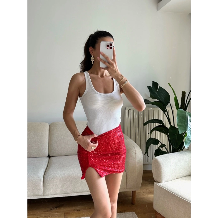 Pul Payetli Yırtmaçlı Mini Etek - KIRMIZI
