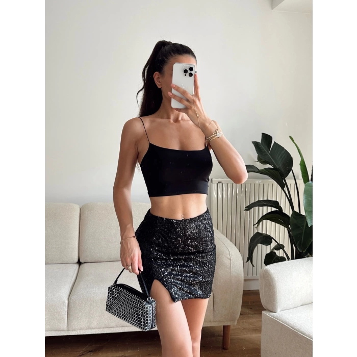 Pul Payetli Yırtmaçlı Mini Etek - SİYAH