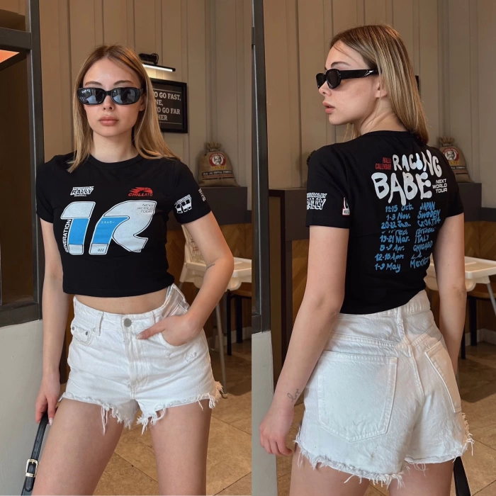Racing Babe Crop T-shirt-SİYAH