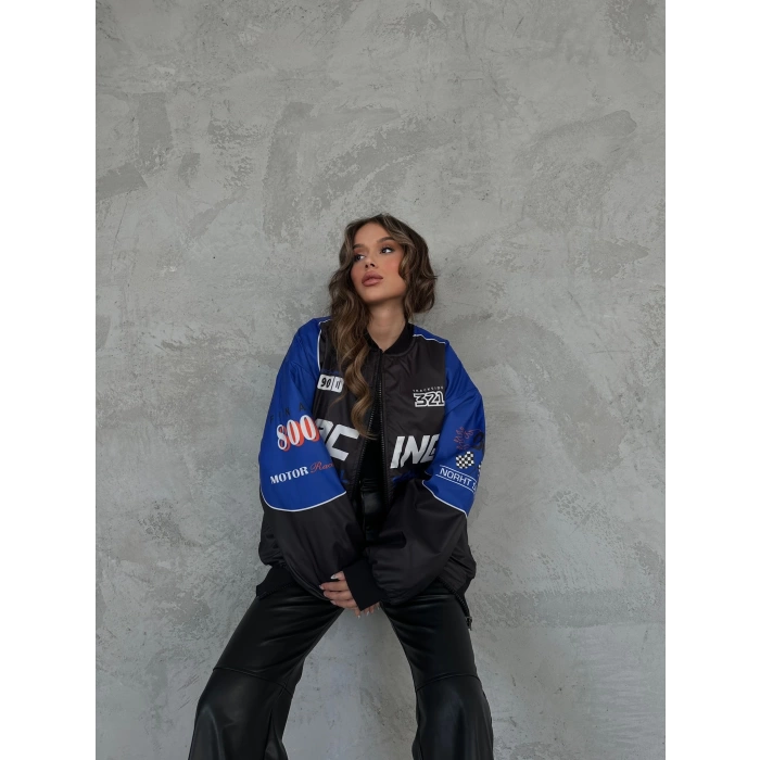 Racing Unisex Kolej Bomber Ceket-SİYAHMAVİ