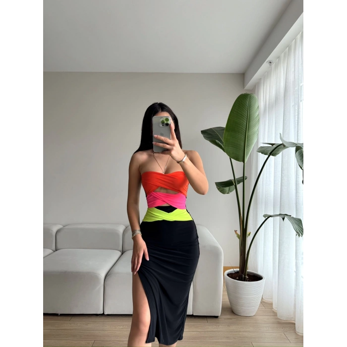 Rainbow Göbek Dekolte Straplez Elbise