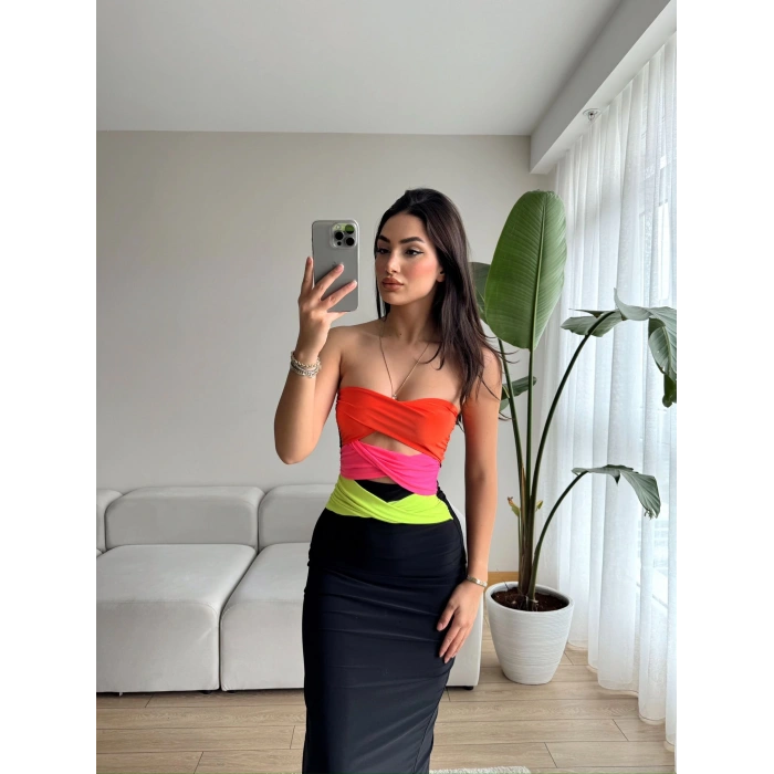 Rainbow Göbek Dekolte Straplez Elbise