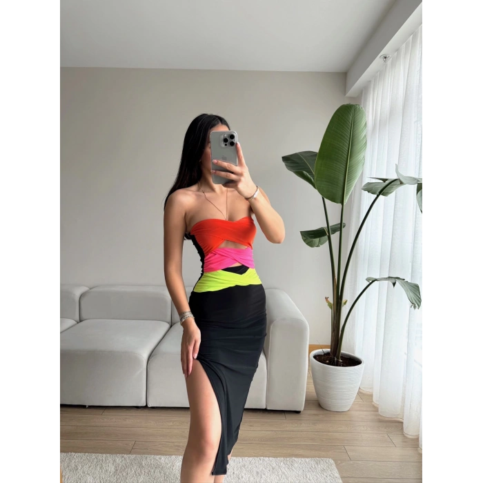 Rainbow Göbek Dekolte Straplez Elbise