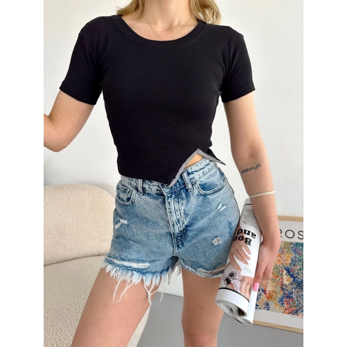 Reflektör Detay Kaşkorse Crop T-shirt-SİYAH