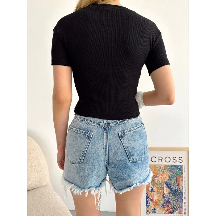 Reflektör Detay Kaşkorse Crop T-shirt-SİYAH