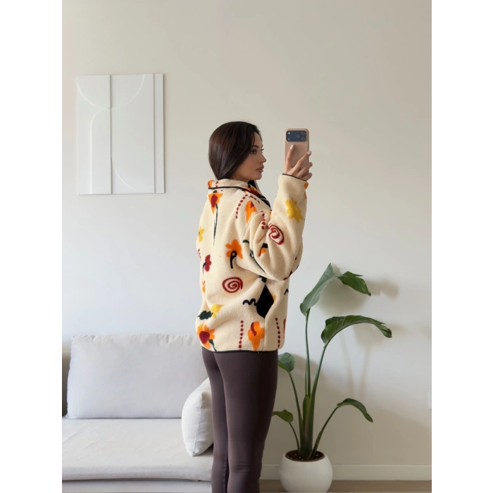 Retro Peluş Fermuar Sweat - PAPATYA DESEN