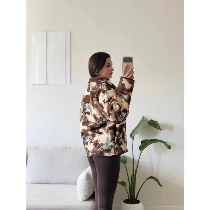 Retro Peluş Fermuar Sweat - KAHVE DESEN