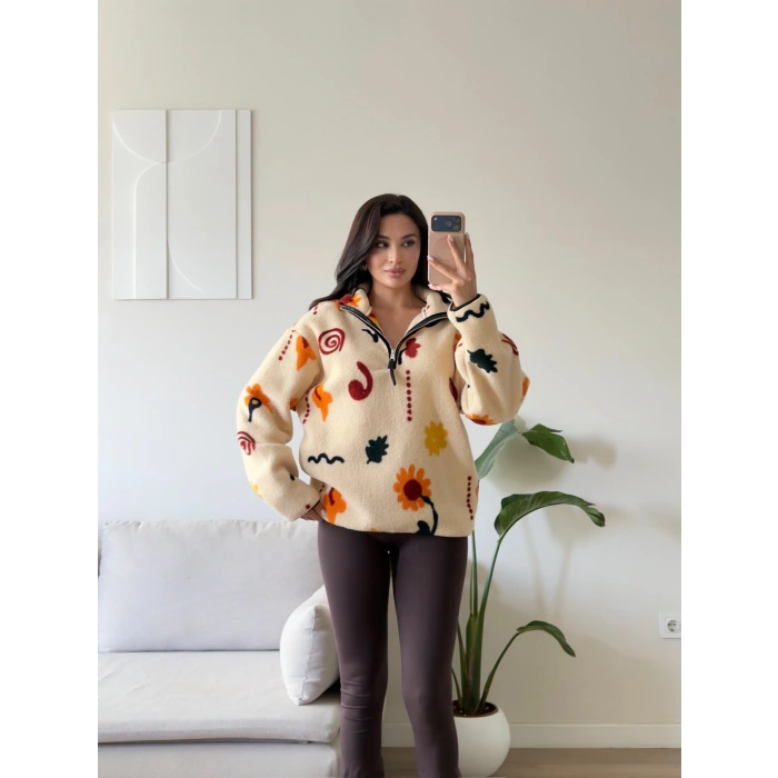 Retro Peluş Fermuar Sweat - PAPATYA DESEN