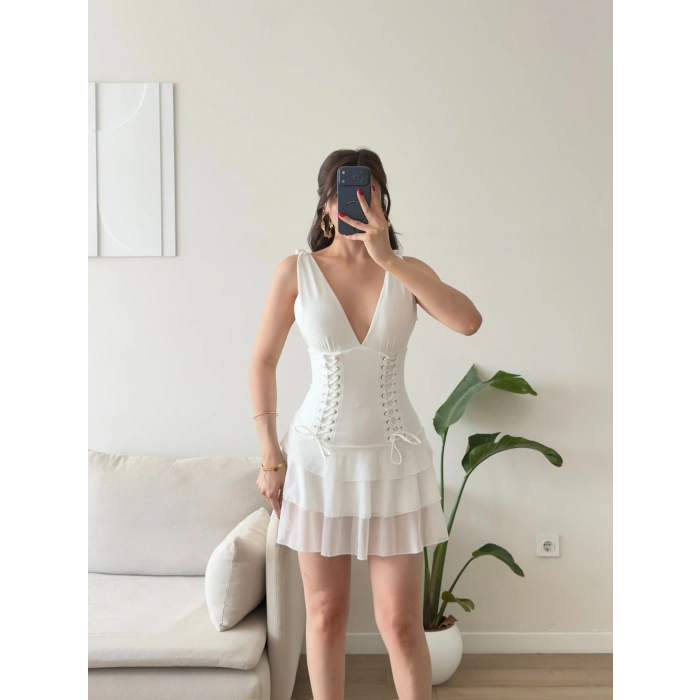 Rosalie Korse Detaylı Katlı Mini Elbise - BEYAZ