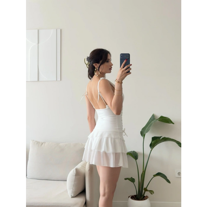 Rosalie Korse Detaylı Katlı Mini Elbise - BEYAZ