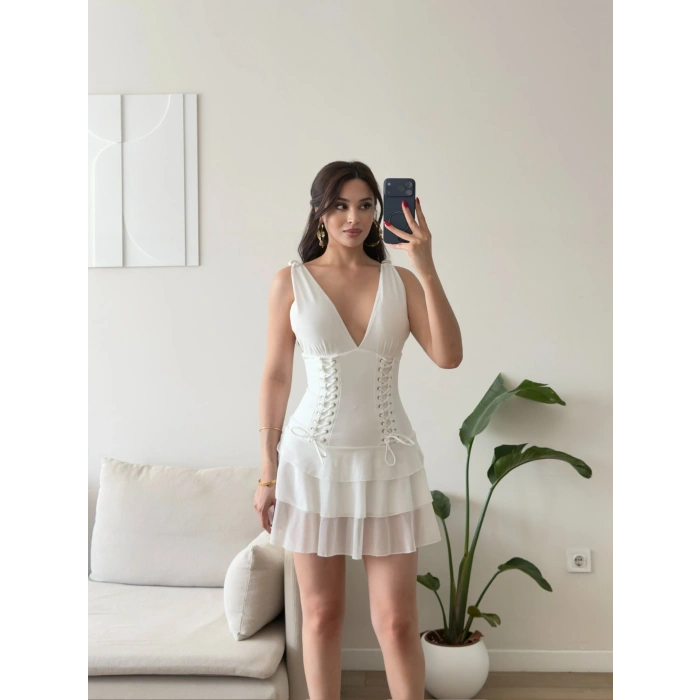 Rosalie Korse Detaylı Katlı Mini Elbise - BEYAZ