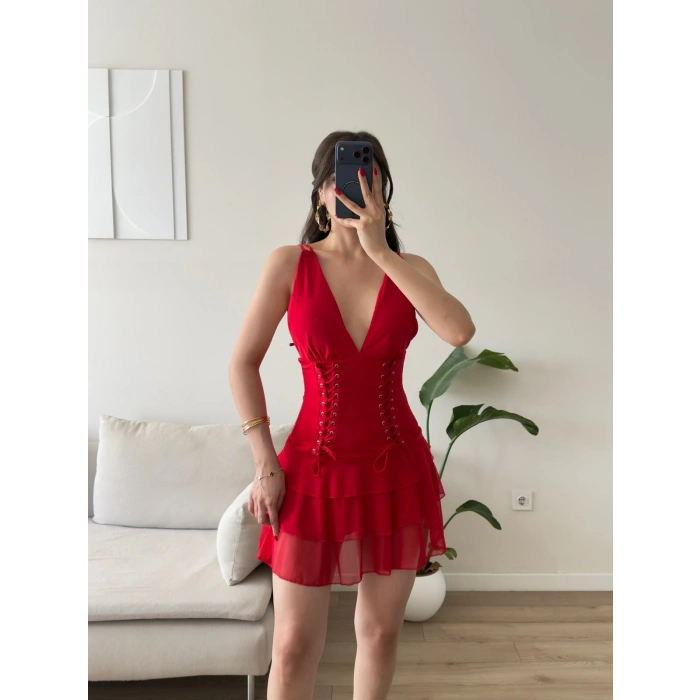 Rosalie Korse Detaylı Katlı Mini Elbise - KIRMIZI