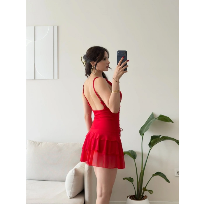 Rosalie Korse Detaylı Katlı Mini Elbise - KIRMIZI