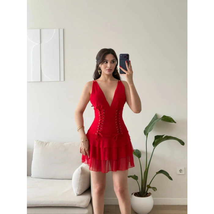 Rosalie Korse Detaylı Katlı Mini Elbise - KIRMIZI