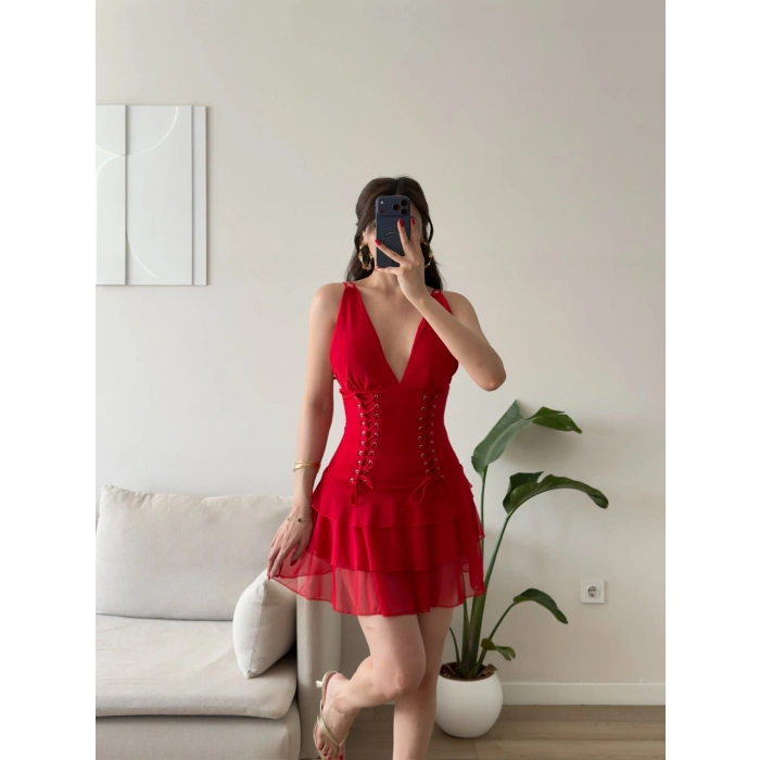 Rosalie Korse Detaylı Katlı Mini Elbise - KIRMIZI