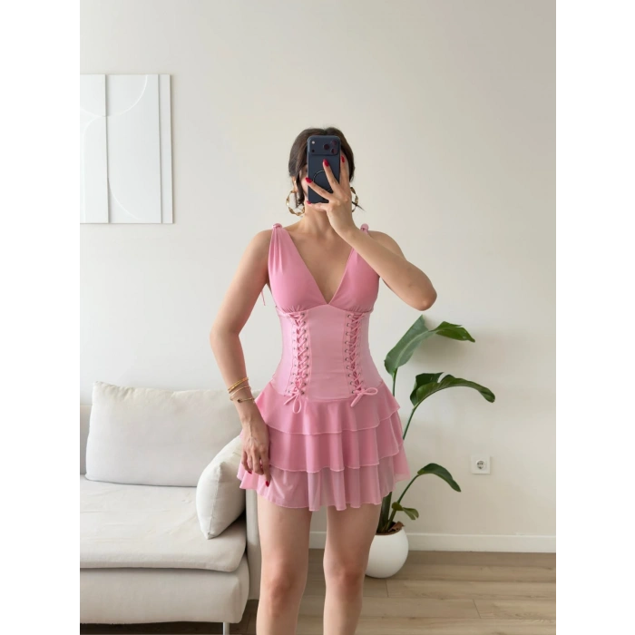 Rosalie Korse Detaylı Katlı Mini Elbise - PEMBE