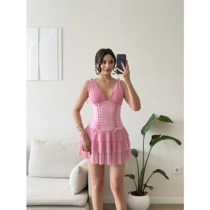 Rosalie Korse Detaylı Katlı Mini Elbise - PEMBE