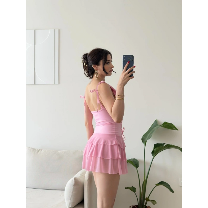 Rosalie Korse Detaylı Katlı Mini Elbise - PEMBE